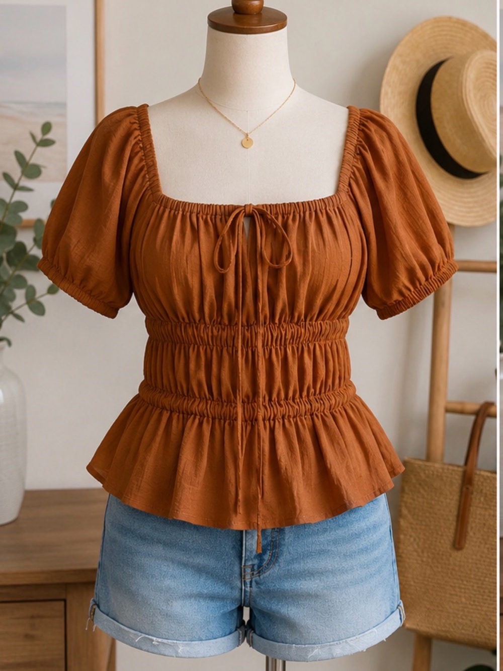 Free People Rust Peplum Blouse Size Medium Open Back Puff Sleeve Top
